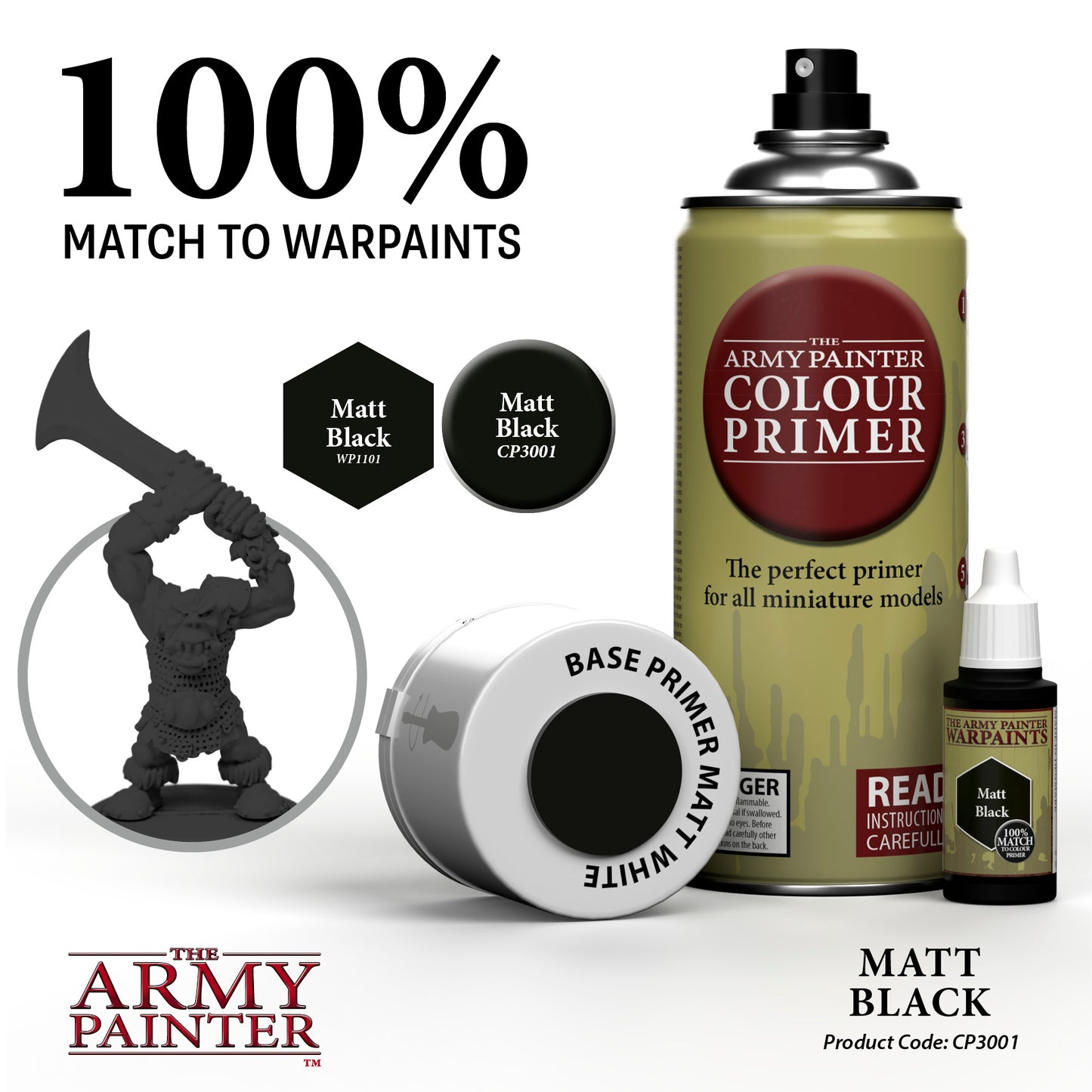 The Army Painter color primer set with spray can, bottle, and figurine on a white background