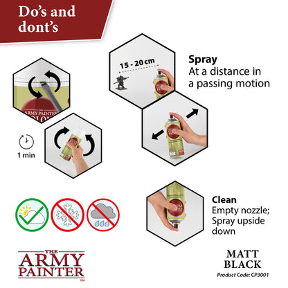 Instructions for using 'The Army Painter' spray paint with icons and text.