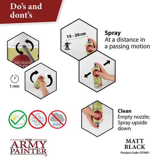 Instructions for using 'The Army Painter' spray paint with icons and text.