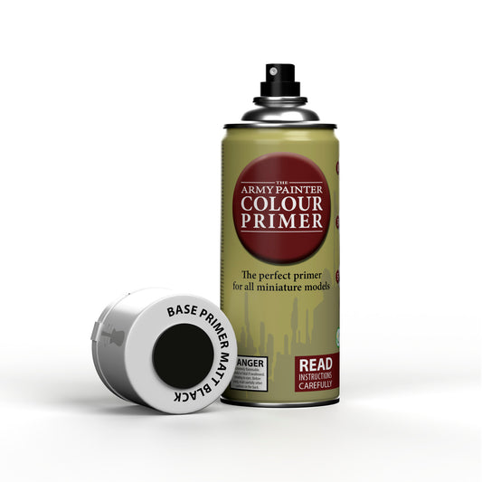 A can of The Army Painter Colour Primer in Matt Black, with the cap off showing the black colour sample on top.