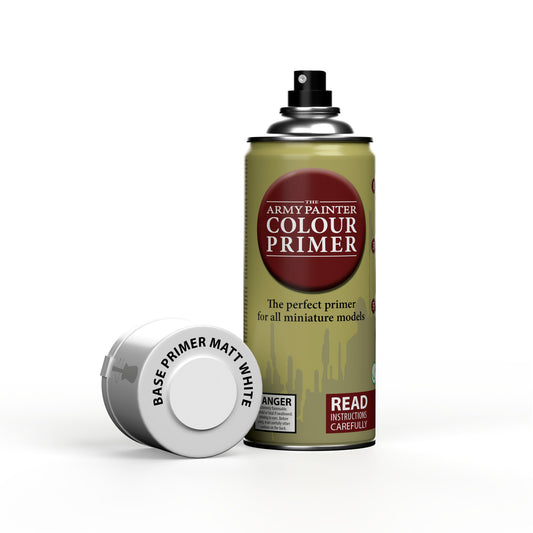 A can of The Army Painter Colour Primer in Matt White, with the cap off showing the white colour sample on top.