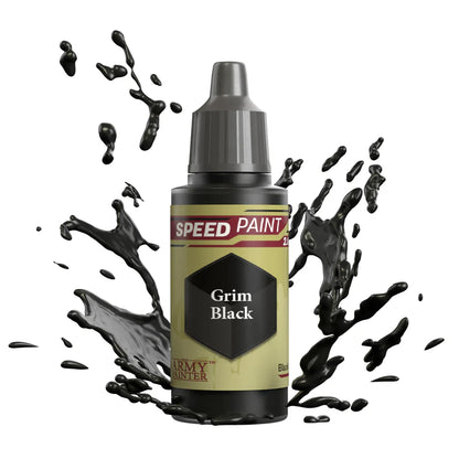 18ml bottle of The Army Painter Speedpaint 2.0 Grim Black with paint splash background.