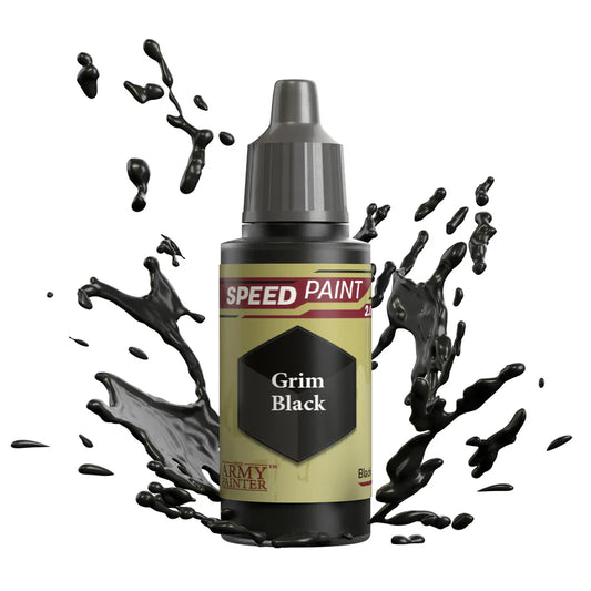 18ml bottle of The Army Painter Speedpaint 2.0 Grim Black with paint splash background.