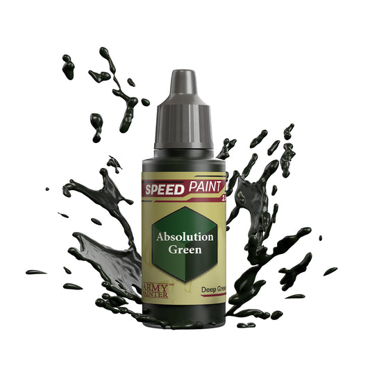 An 18ml dropper bottle of The Army Painter Speedpaint - Absolution Green, a one-coat paint for miniatures. Available at Charon Games NZ.