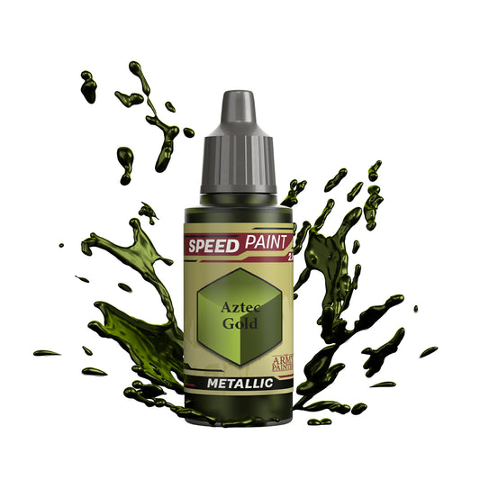An 18ml dropper bottle of The Army Painter Speedpaint - Aztec Gold, a one-coat metallic paint for miniatures. Available at Charon Games NZ.