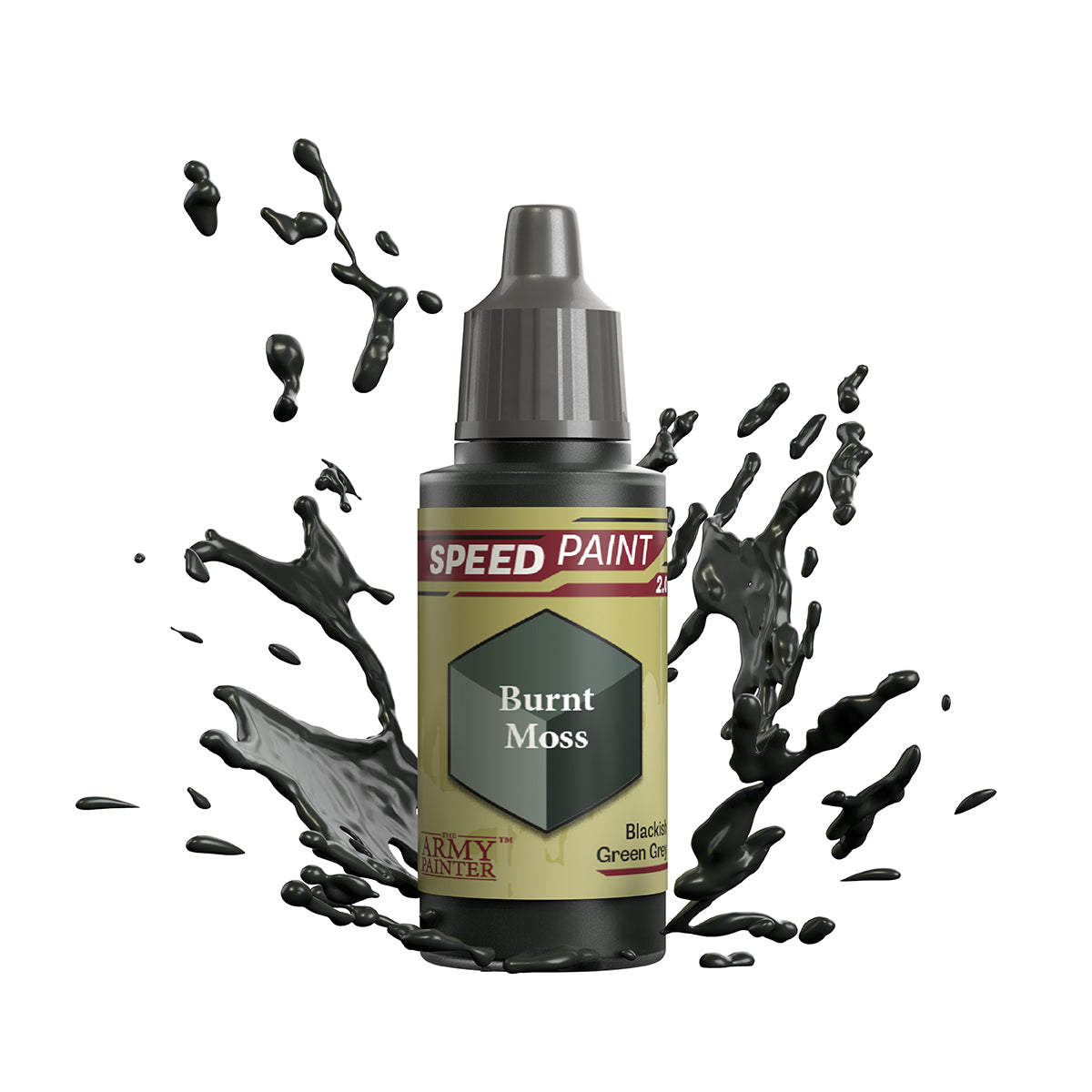 An 18ml dropper bottle of The Army Painter Speedpaint - Burnt Moss, a one-coat paint for miniatures. Available at Charon Games NZ.