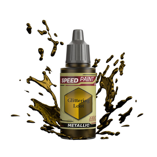 An 18ml dropper bottle of The Army Painter Speedpaint - Glittering Loot, a one-coat metallic paint for miniatures. Available at Charon Games NZ.
