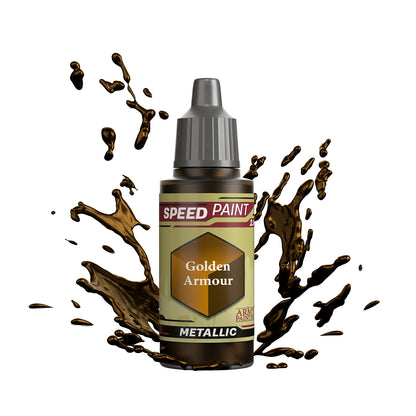 An 18ml dropper bottle of The Army Painter Speedpaint - Golden Armour, a one-coat metallic paint for miniatures. Available at Charon Games NZ.
