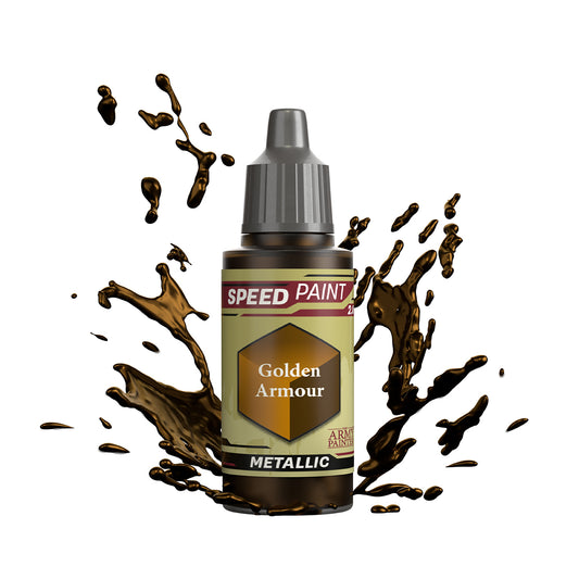 An 18ml dropper bottle of The Army Painter Speedpaint - Golden Armour, a one-coat metallic paint for miniatures. Available at Charon Games NZ.