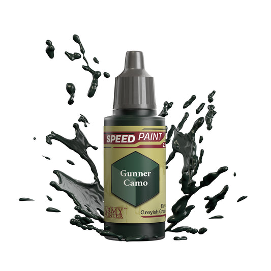 An 18ml dropper bottle of The Army Painter Speedpaint - Gunner Camo, a one-coat paint for miniatures. Available at Charon Games NZ.