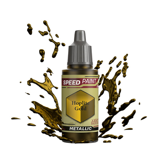 An 18ml dropper bottle of The Army Painter Speedpaint - Hoplite Gold, a one-coat metallic paint for miniatures. Available at Charon Games NZ.