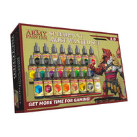 The product box for The Army Painter Speedpaint Most Wanted Set 2.0, showing the 24 included paints and brush. Available at Charon Games NZ.