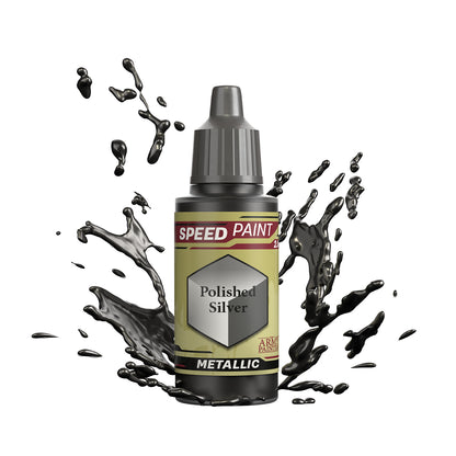 An 18ml dropper bottle of The Army Painter Speedpaint - Polished Silver, a one-coat metallic paint for miniatures. Available at Charon Games NZ.