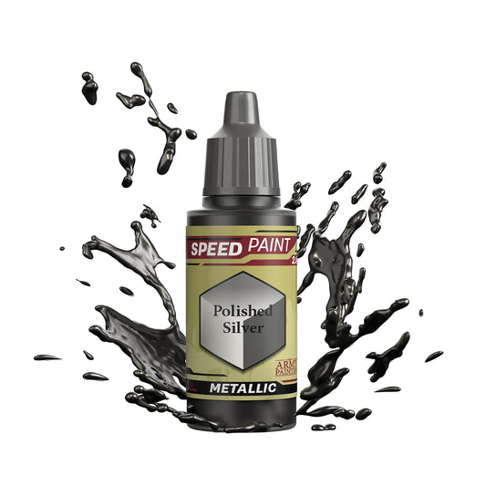 An 18ml dropper bottle of The Army Painter Speedpaint - Polished Silver, a one-coat metallic paint for miniatures. Available at Charon Games NZ.
