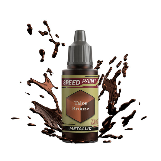 An 18ml dropper bottle of The Army Painter Speedpaint - Talos Bronze, a one-coat metallic paint for miniatures. Available at Charon Games NZ.