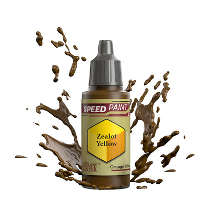 An 18ml dropper bottle of The Army Painter Speedpaint - Zealot Yellow, a one-coat paint for miniatures. Available at Charon Games NZ.