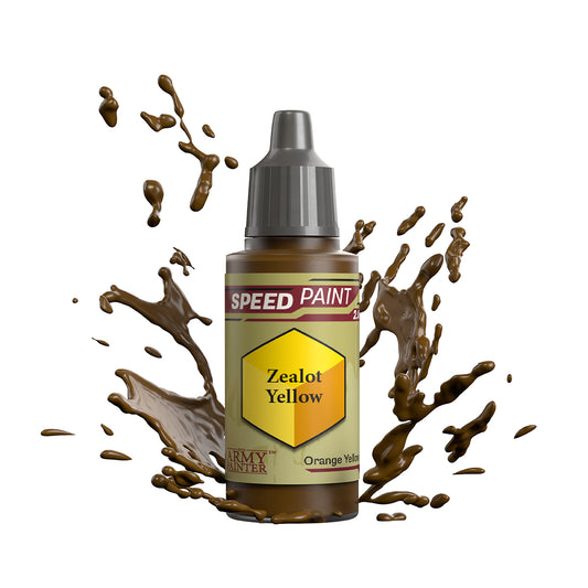 An 18ml dropper bottle of The Army Painter Speedpaint - Zealot Yellow, a one-coat paint for miniatures. Available at Charon Games NZ.