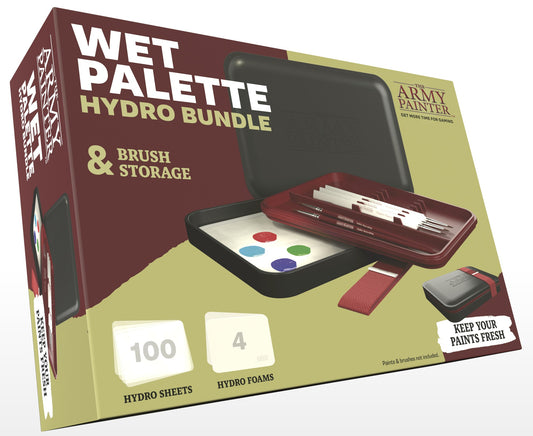 The box for The Army Painter Wet Palette Hydro Bundle, showing the wet palette case, brush storage, and included hydro sheets and foams.