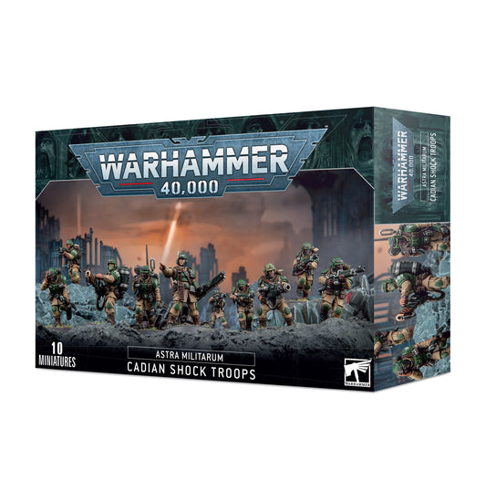 Box art for a 10-man Astra Militarum Cadian Shock Troops squad in green armor and helmets holding lasguns on a rocky battlefield. Christchurch, NZ.