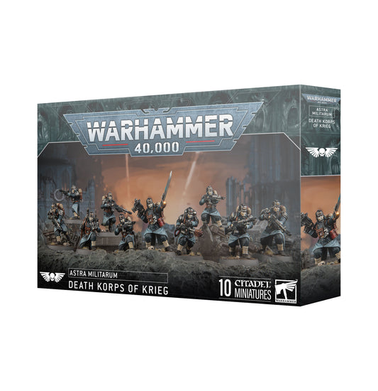 Box art for a 10-man Astra Militarum Death Korps of Krieg infantry squad in trench coats and gas masks fighting on a rocky battlefield. Christchurch, NZ.