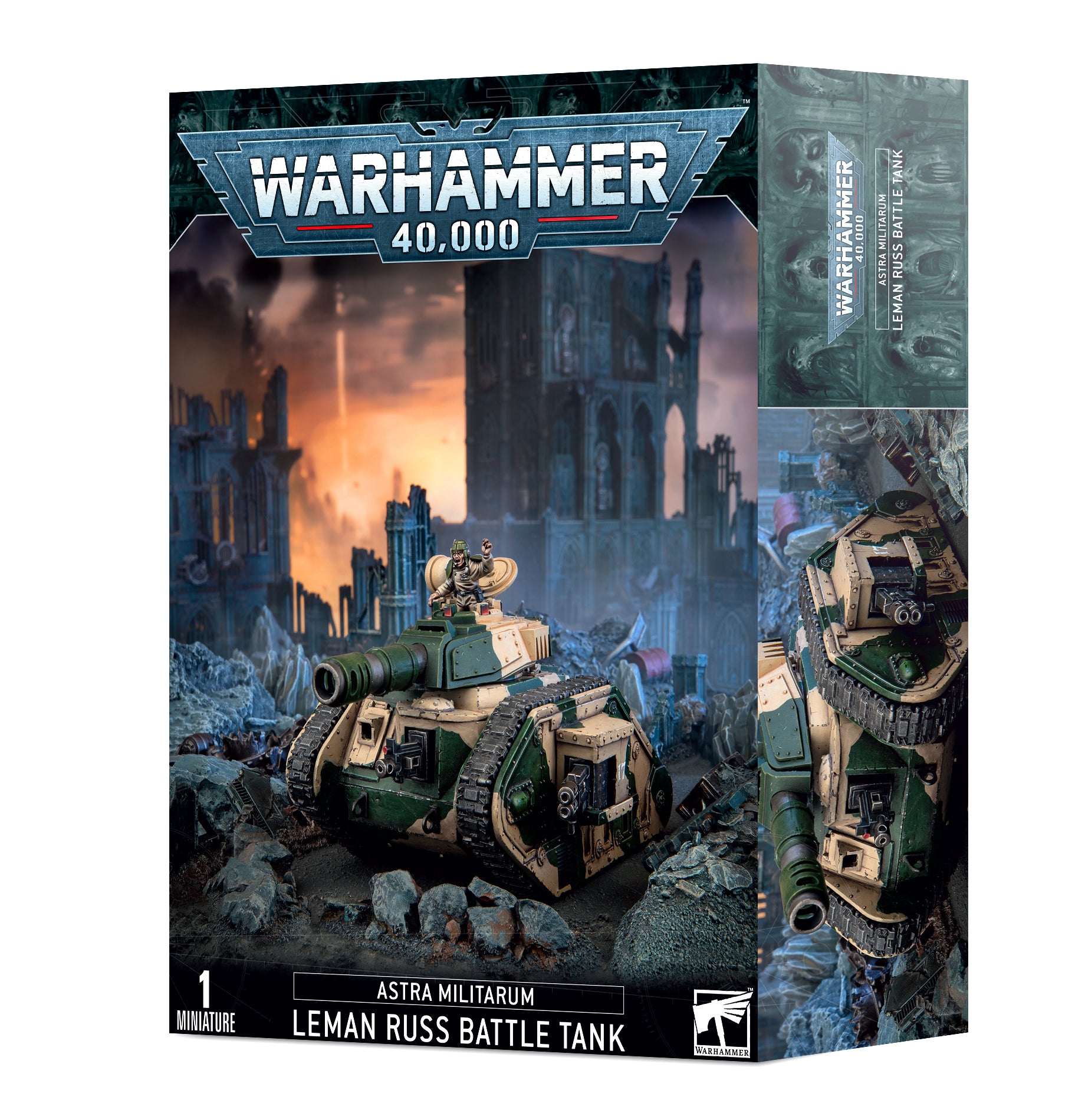 Box art for an Astra Militarum Leman Russ Battle Tank in green and tan camouflage with an open hatch crewman on a rocky battlefield. Christchurch, NZ.