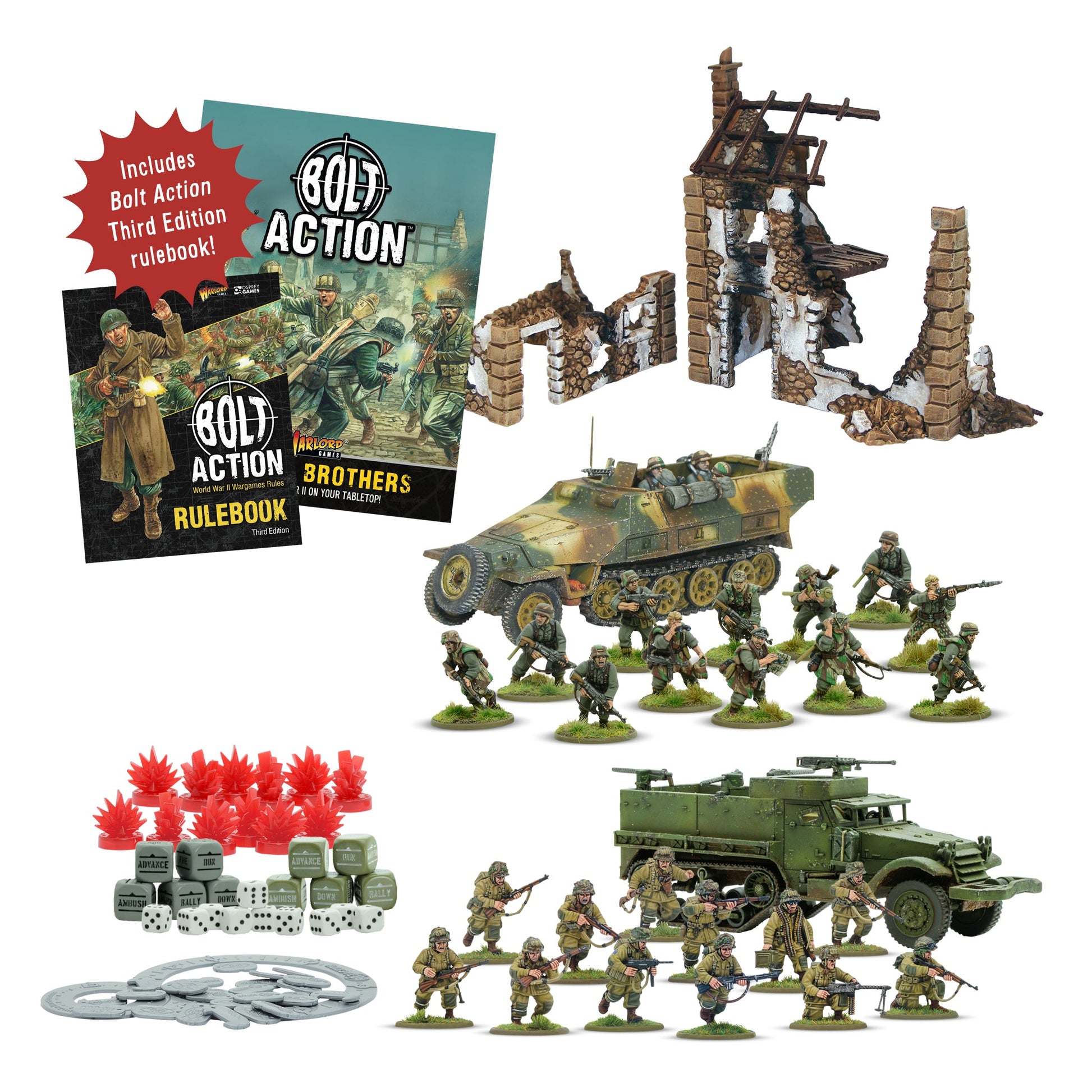Complete contents of Band of Brothers set including miniatures and rulebooks