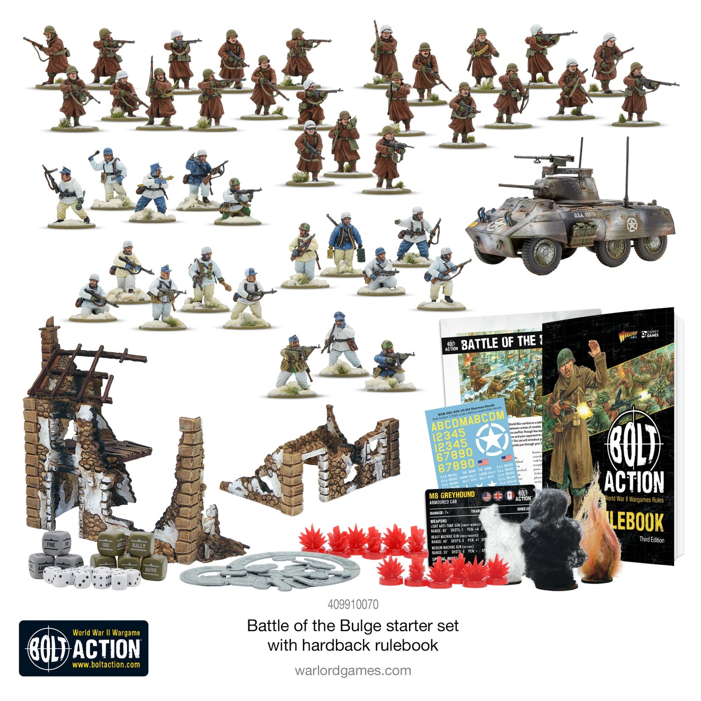 Complete contents of Battle of the Bulge set including miniatures and M8 Greyhound