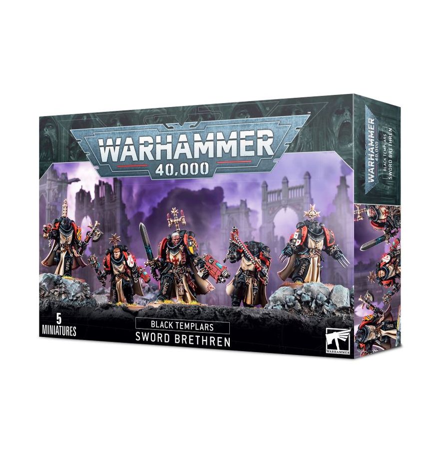The official retail product box for the Black Templars Sword Brethren miniature kit, featuring the fully assembled and painted Space Marines models.