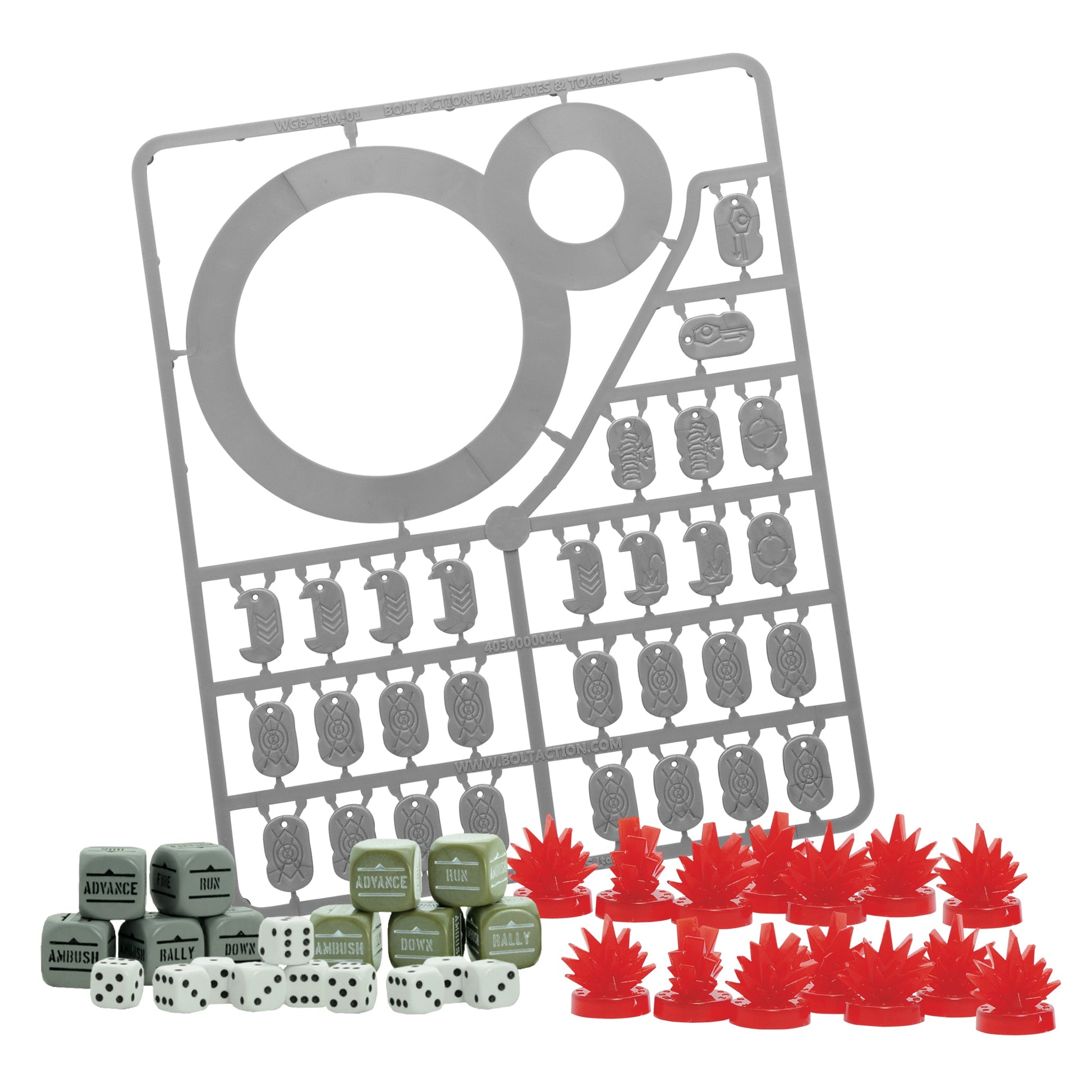Bolt Action Order Dice, pin markers, and blast templates sprue