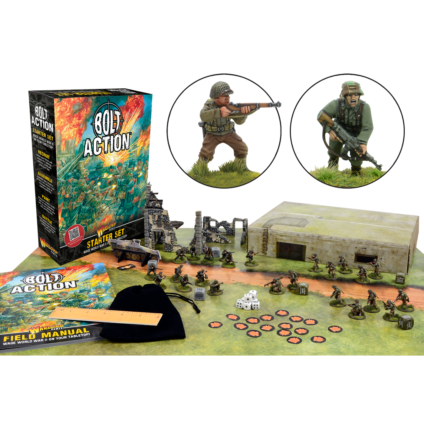 Bolt Action Starter Set contents including miniatures, field manual, dice, and scenery