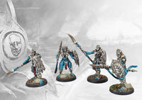 Four individual assembled miniatures from the Conquest Spires Dual Kit, showing options for Bound Clones or Onslaught Drones.