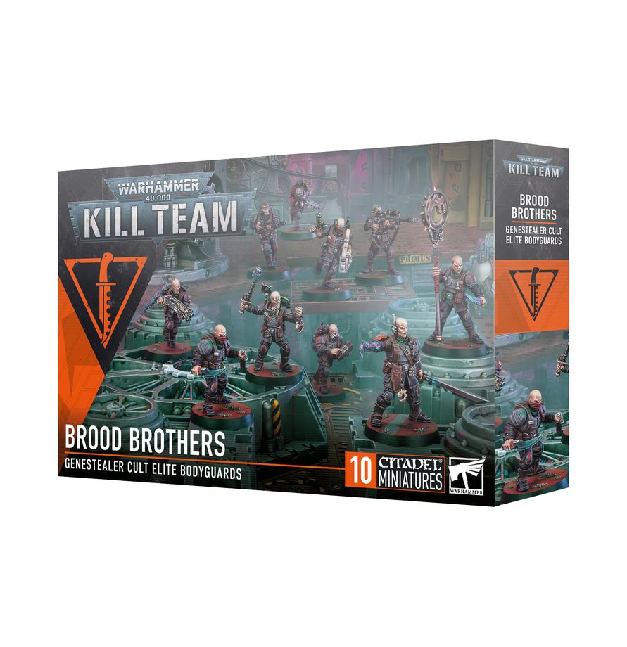 The official retail product box for the Brood Brothers miniature kit, featuring the fully assembled and painted Genestealer Cults models.