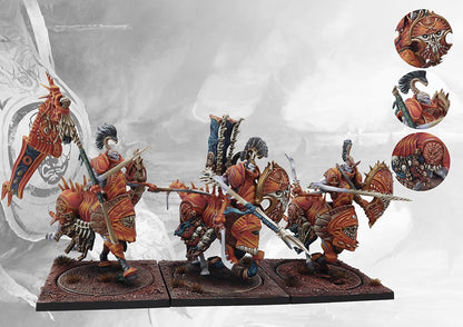 Detailed view of three painted Conquest Centaur Avatara models, highlighting the large shields and baroque, centaur-like heavy cavalry design.