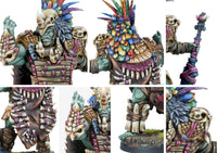 Close-up detail shots of the W'adrhŭn Chieftain, focusing on the fierce expression, bone armor, colorful feathers, and tribal war gear details.