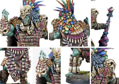 Close-up detail shots of the W'adrhŭn Chieftain, focusing on the fierce expression, bone armor, colorful feathers, and tribal war gear details.