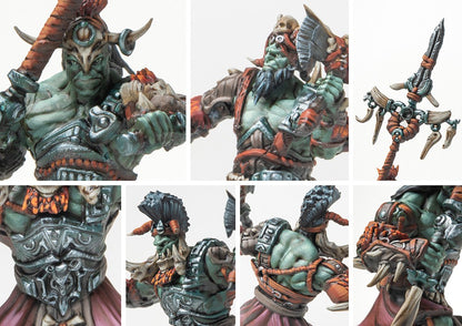 Close-up detail shots of the W'adrhŭn Chosen of Conquest miniature, focusing on the painted heavy armor, horned helmets, brutal weaponry, and the green-skinned physique.
