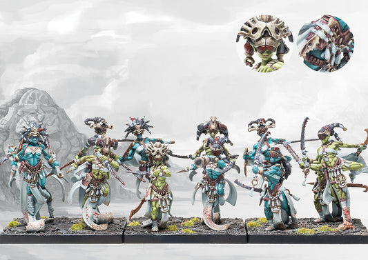 A fully painted regiment of W'adrhŭn Chosen of Death (Medium Infantry), showing the blindfolded warrior-priestesses wielding curved blades and skulls.
