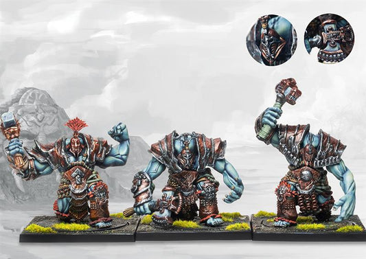 A painted regiment of three W'adrhŭn Chosen of War brutes, hulking, blue-skinned warriors designed to act as the army's "anvil" or shock troops.