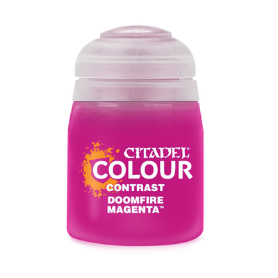 The official retail product paint pot for Citadel Contrast: Doomfire Magenta.