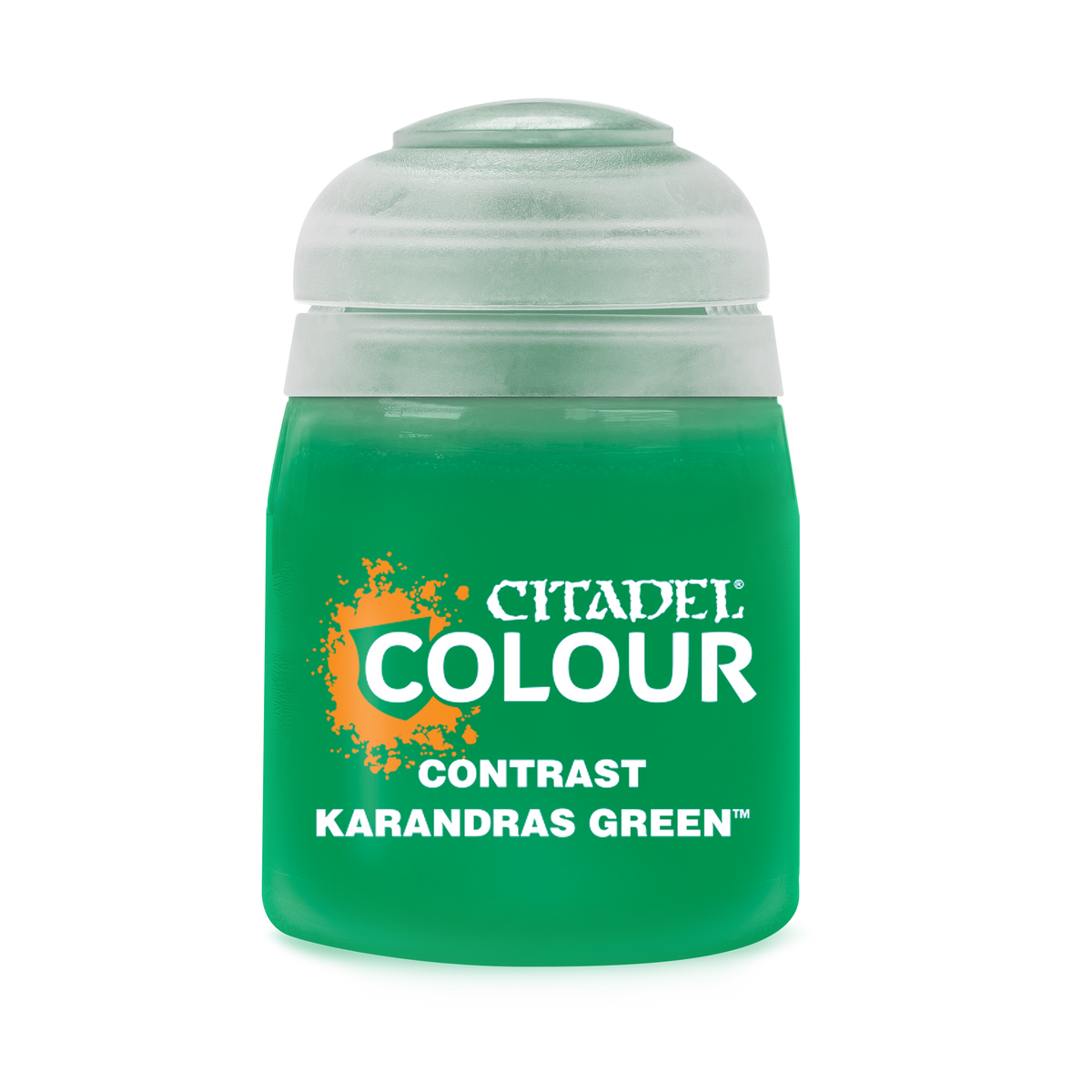 The official retail product paint pot for Citadel Contrast: Karandras Green.