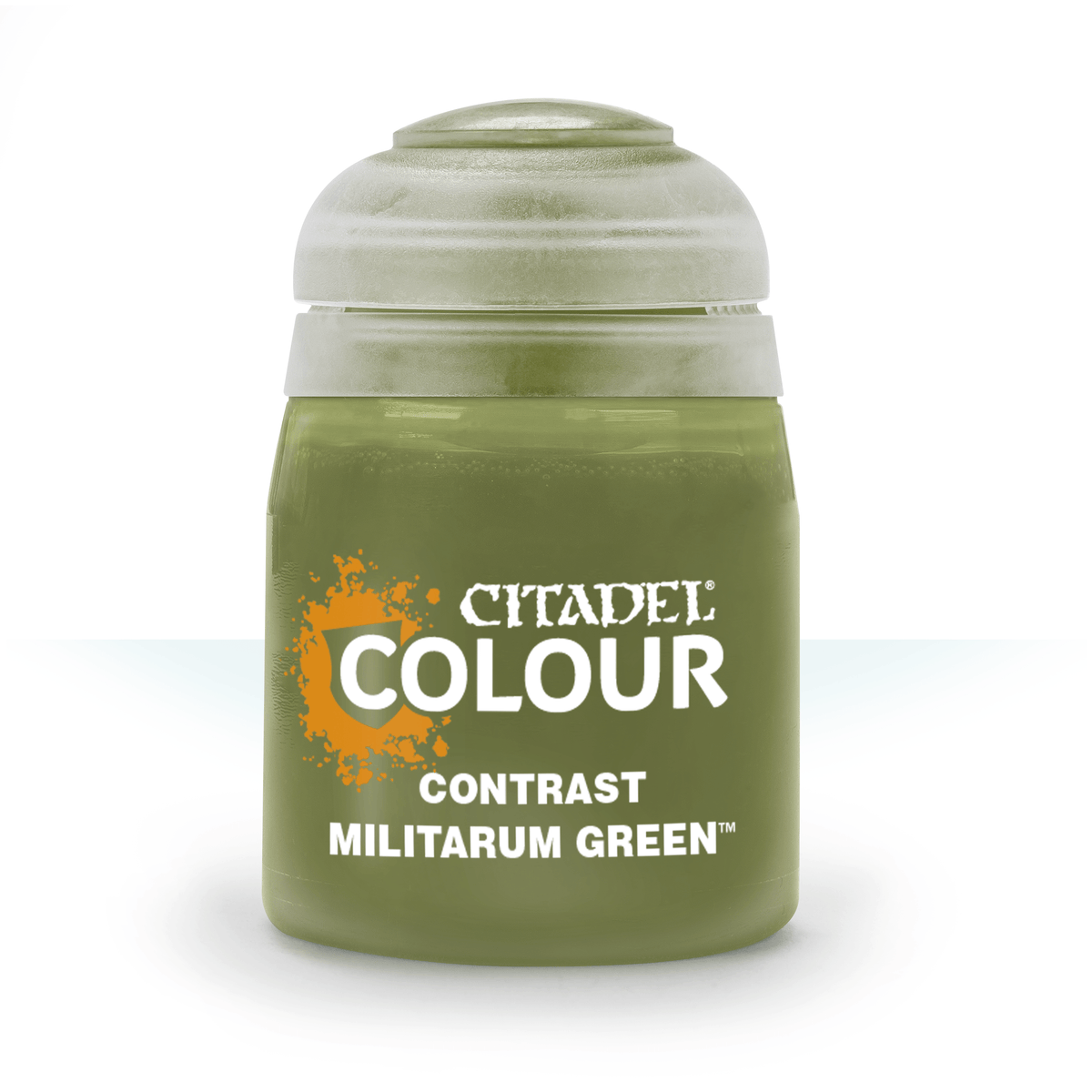 The official retail product paint pot for Citadel Contrast: Militarum Green.