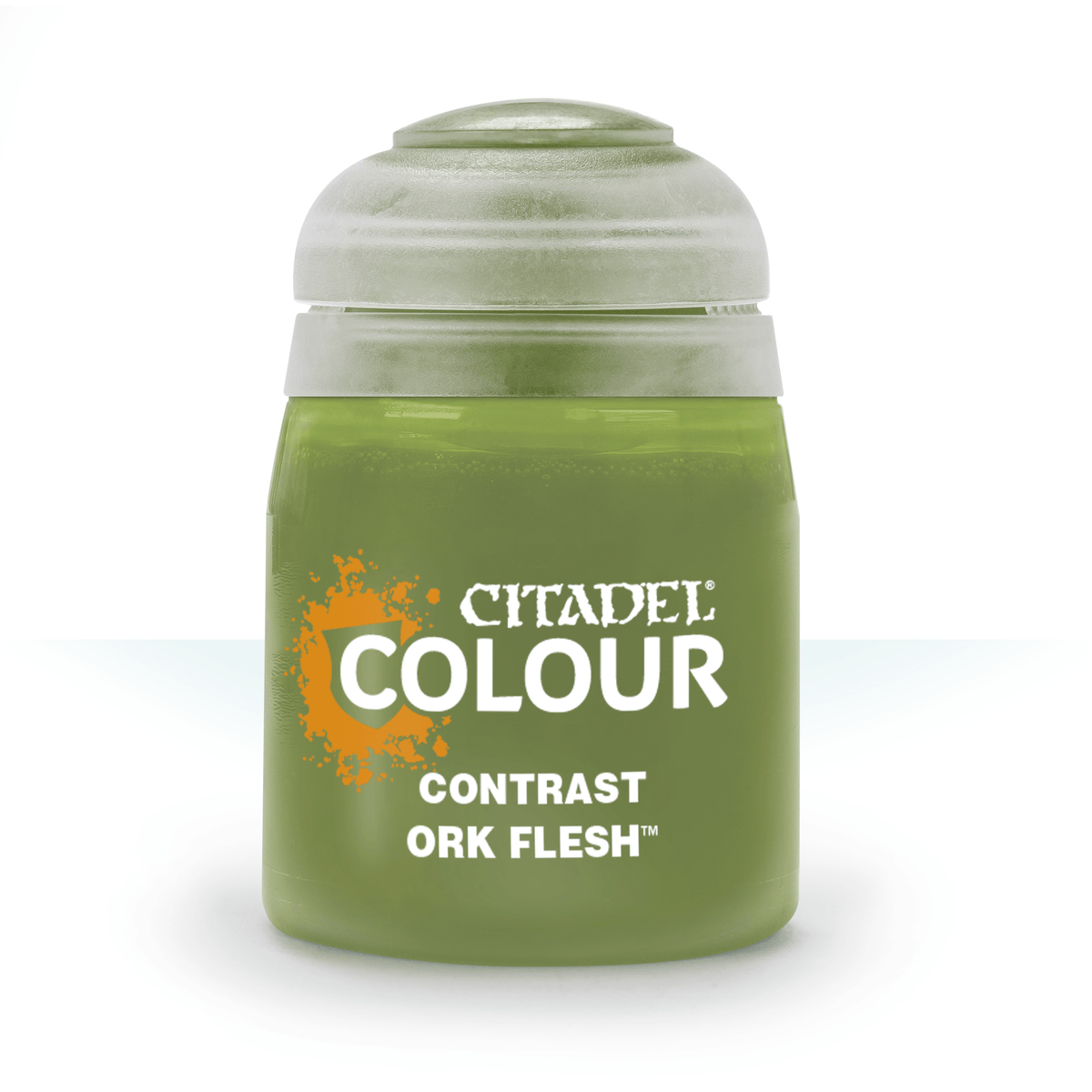 The official retail product paint pot for Citadel Contrast: Ork Flesh.