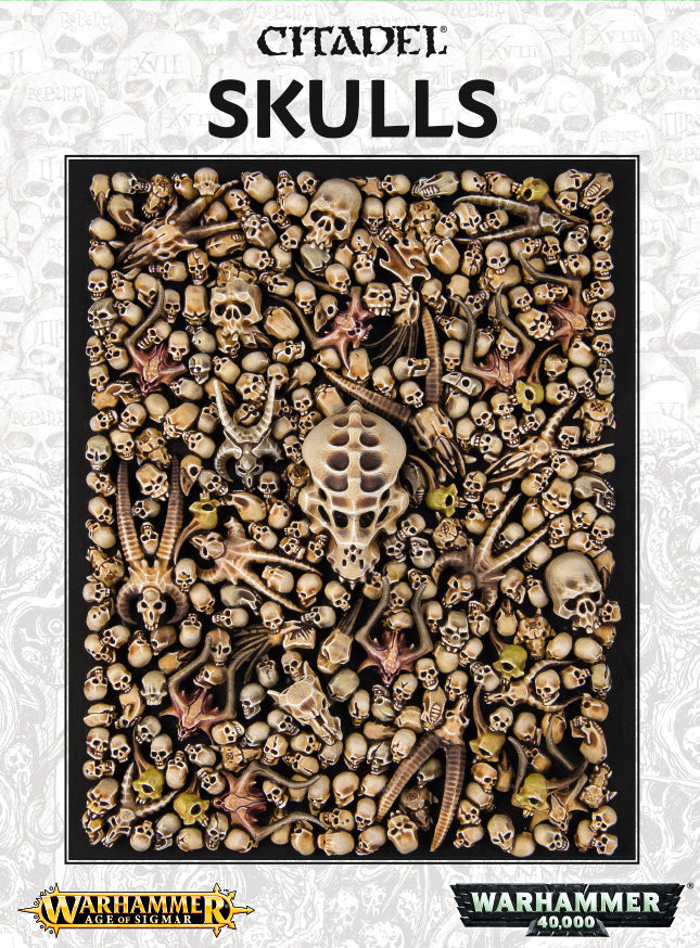 The official retail product box for the Citadel Skulls hobby kit, showing an assortment of miniature plastic skulls.