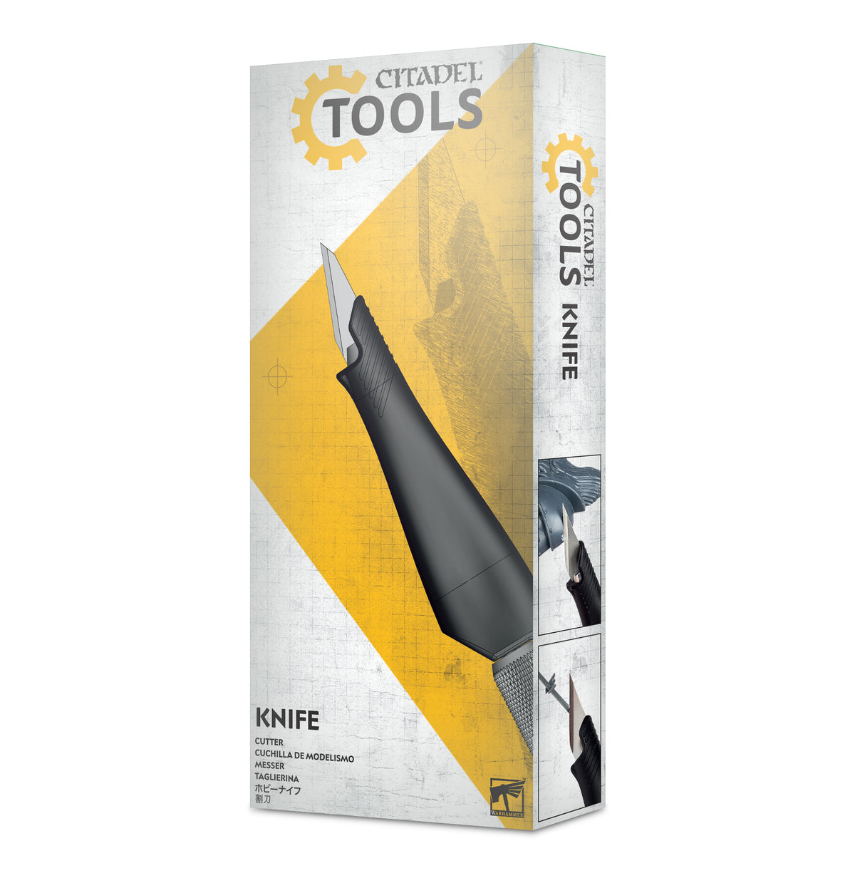 The official retail package for the Citadel Tools Knife, showing the hobby knife and spare blade safety container.