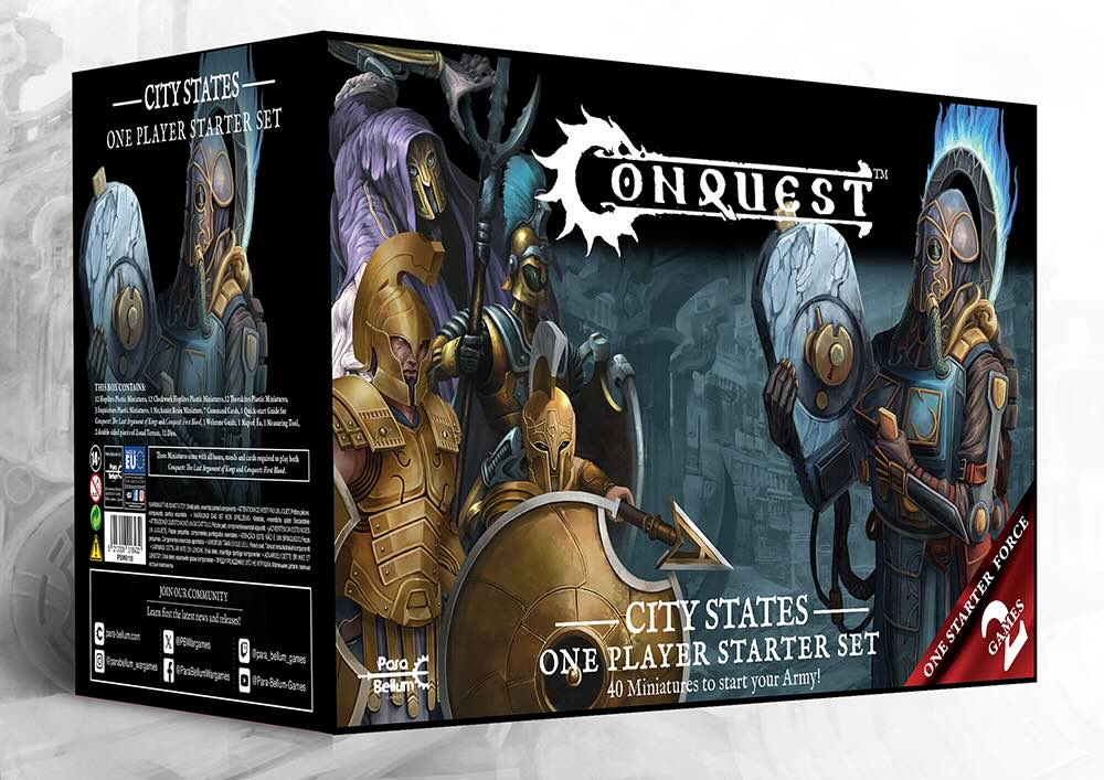 Front box art packaging for the Conquest City States 2025 Supercharged Starter Set.