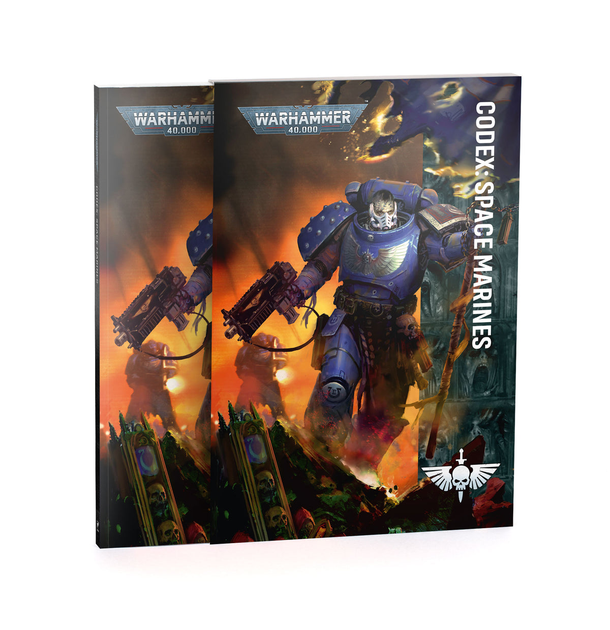 The cover of the Codex: Space Marines book, featuring a Space Marine charging into battle.