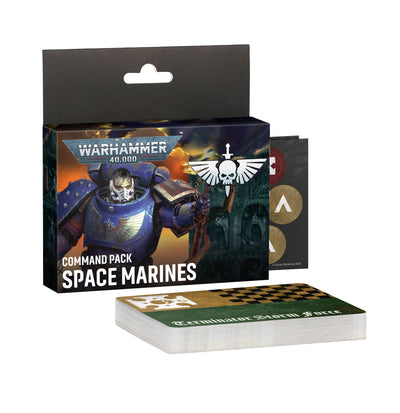 The official Space Marines Command Pack displaying reference cards and tokens.