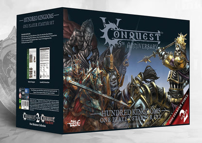 The box art for the Conquest 5th Anniversary Hundred Kingdoms One Player Starter Set, showing a dynamic battle scene of armored knights.