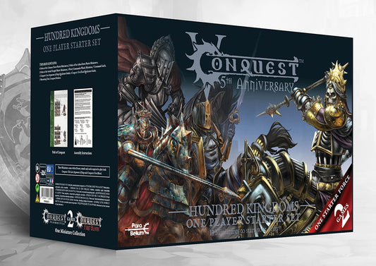 The box art for the Conquest 5th Anniversary Hundred Kingdoms One Player Starter Set, showing a dynamic battle scene of armored knights.