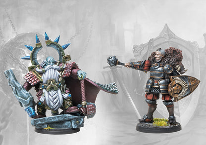 The two exclusive painted miniatures from the Conquest: Crucible of Wills campaign pack, featuring the Dweghom character Sebak and the Nord character Thegn.